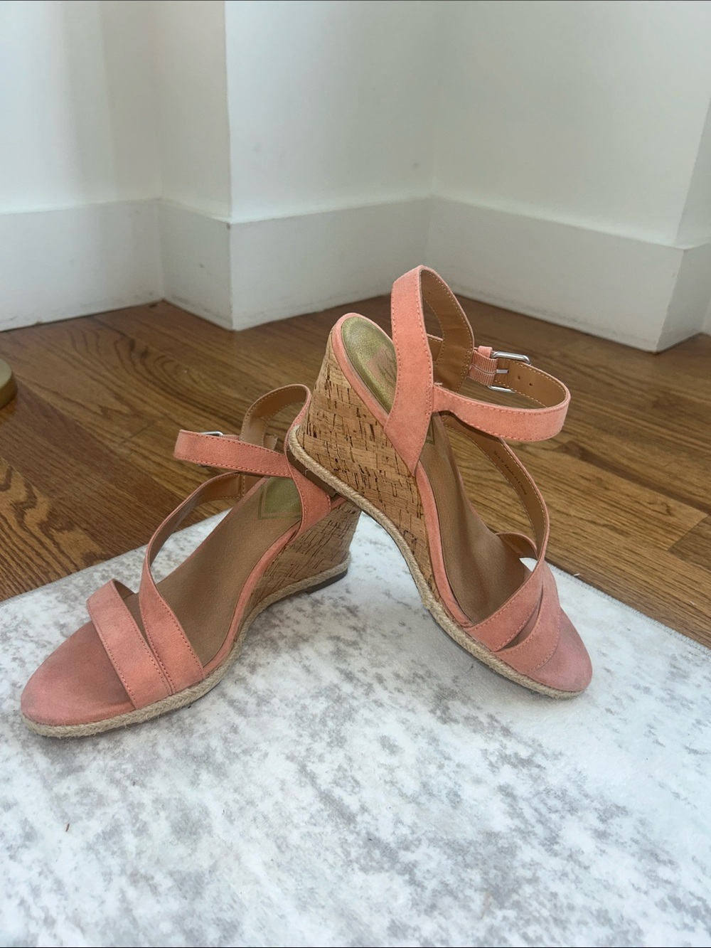 Coral Suede Ankle-Strap Wedge Sandals